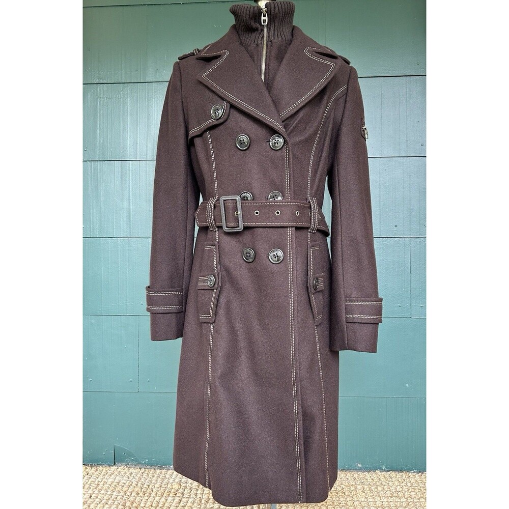 Vintage Y2K Miss Sixty Brown Wool Blend Trench Coat Knit Collar Missy Sz Medium